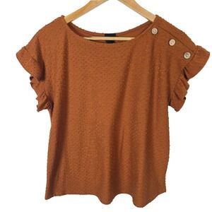 W5 Womens Rust Orange Swiss Dot Ruffle Sleeve Button Accent Blouse Medium